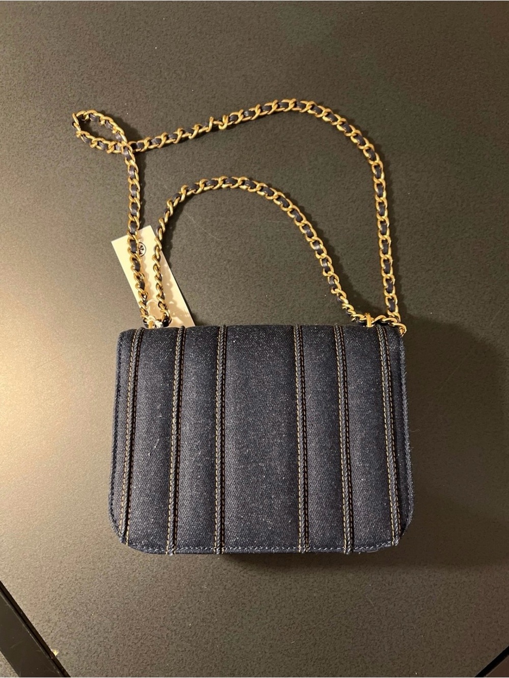 Tory Burch Dark Blue Quilted Denim Crossbody with Gold Chain - Picture 3 of 6